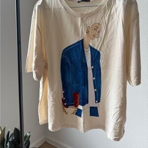 Zara Cream Tee with Blue Graphic
